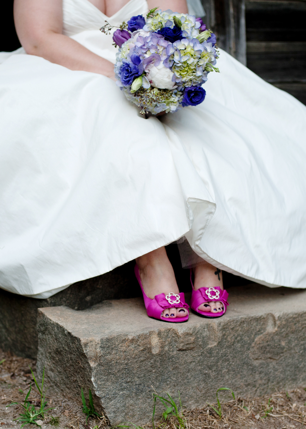 hot pink wedding shoes and purple and lilac bouquet