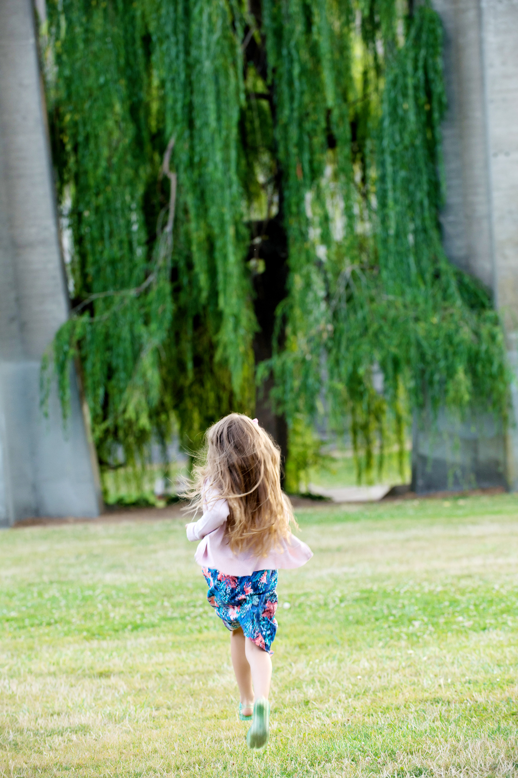 a young girl runs towards a willow tree at cathedral park