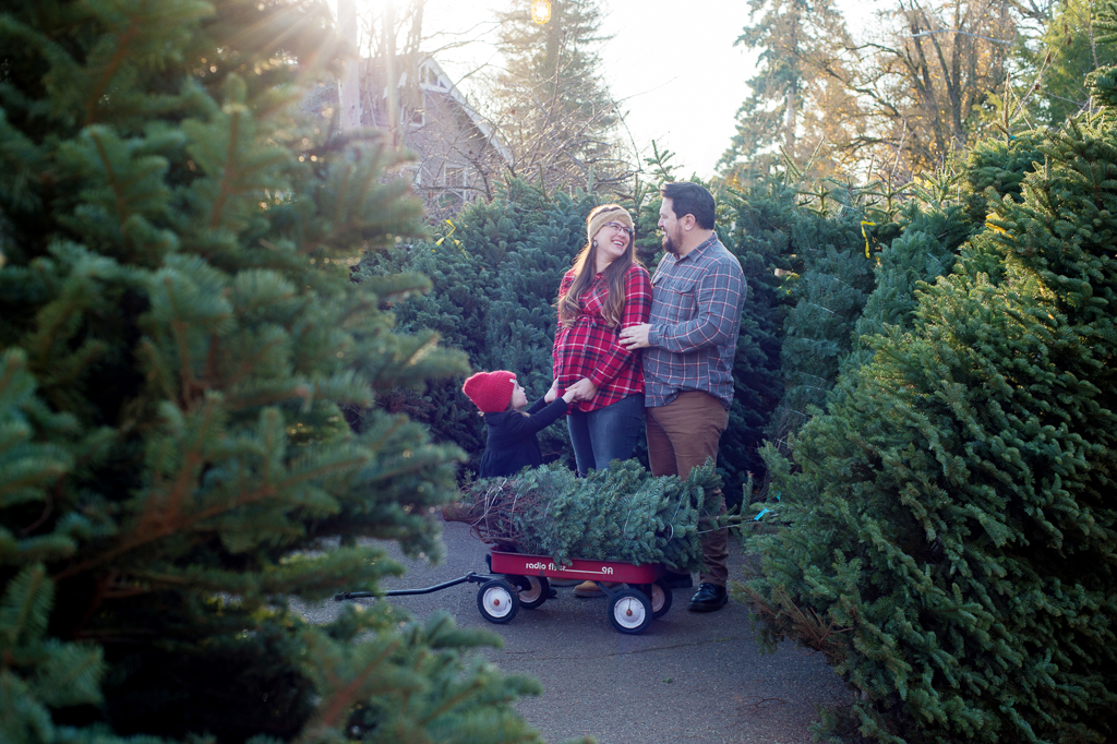 a little girl looks up at her parents as they pull a christmas tree through a lot in a red radio flyer wagon