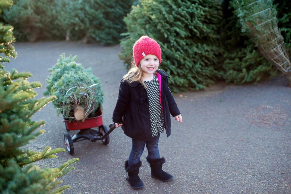 a little girl pulls a red radio flyer wagon with a christmas tree in it through a lot
