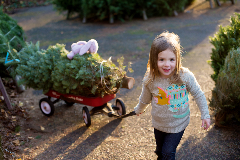 a little girl pulls a bunny on top of a christmas tree in a red radio flyer wagon