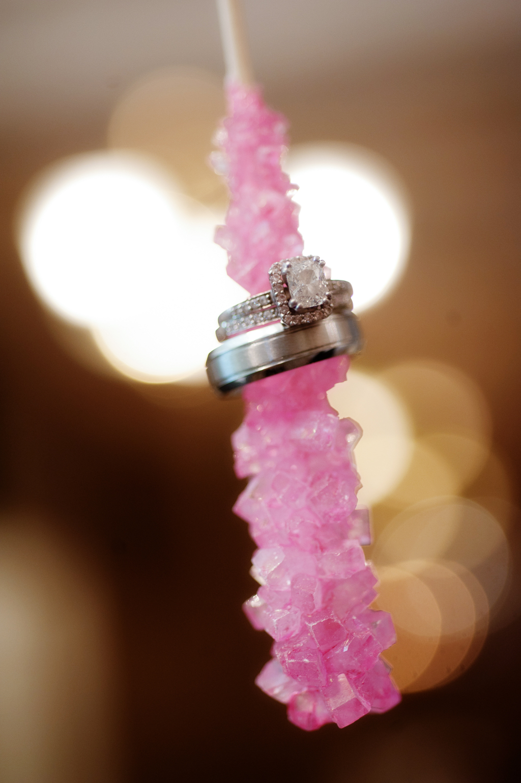 wedding rings on a rock candy stick