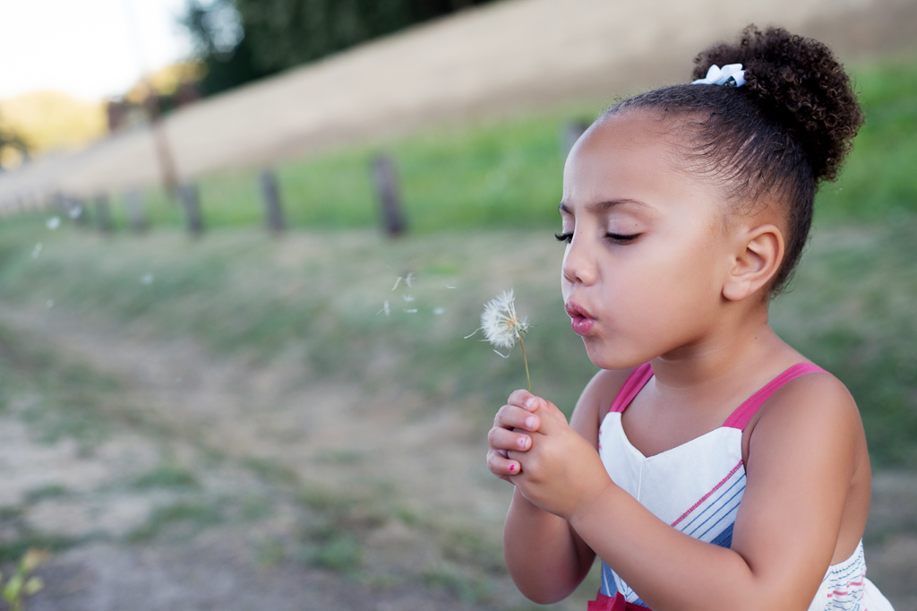 a little girl blows a dandelion