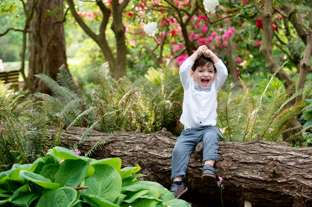 a little boy in a bowtie sits on a fallen log with his hands above his head excitedly smiling