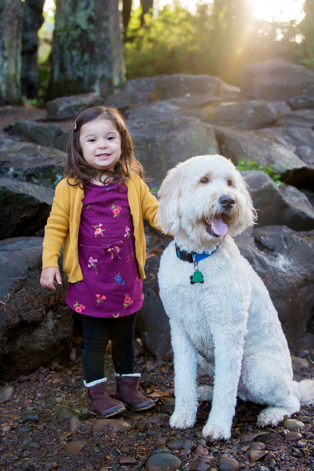 a little girl in a pink dress and yellow cardigan stands with her white labradoodle