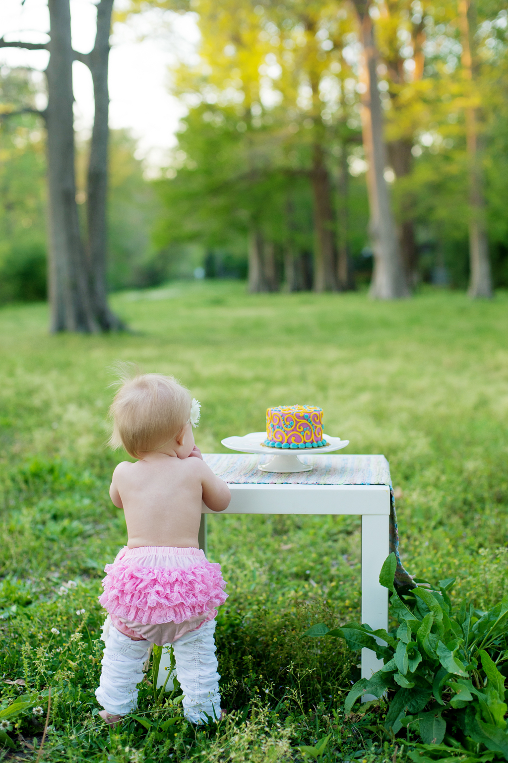 a baby girl stands in front of a table with a birthday cake wearing a pink ruffled diaper cover