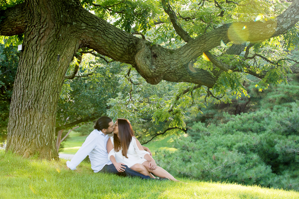 a couple kisses under a tree at new york botanical garden