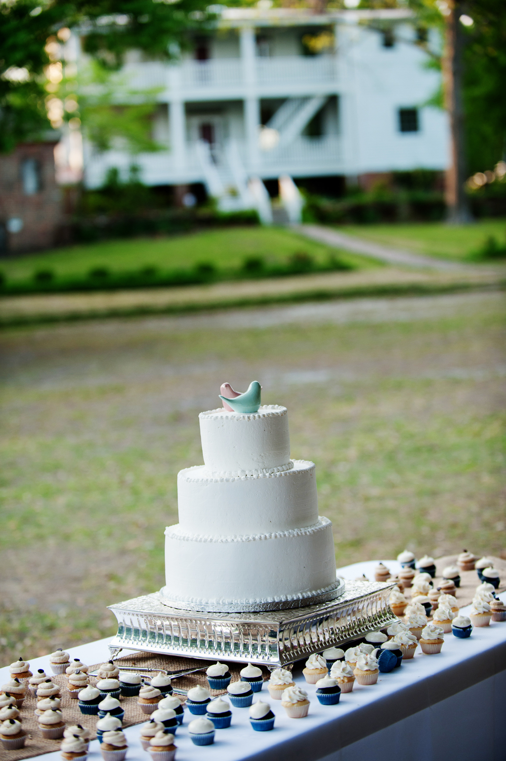 a simple white wedding cake with two ceramic pastel colored birds on top