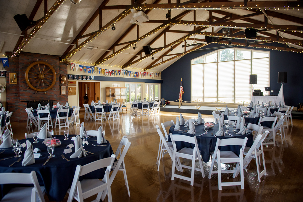 wedding reception tables at portland yacht club in navy and white