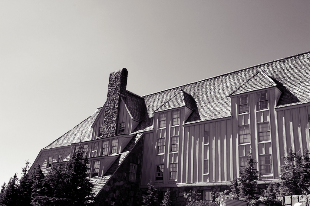 black and white photo of timberline lodge