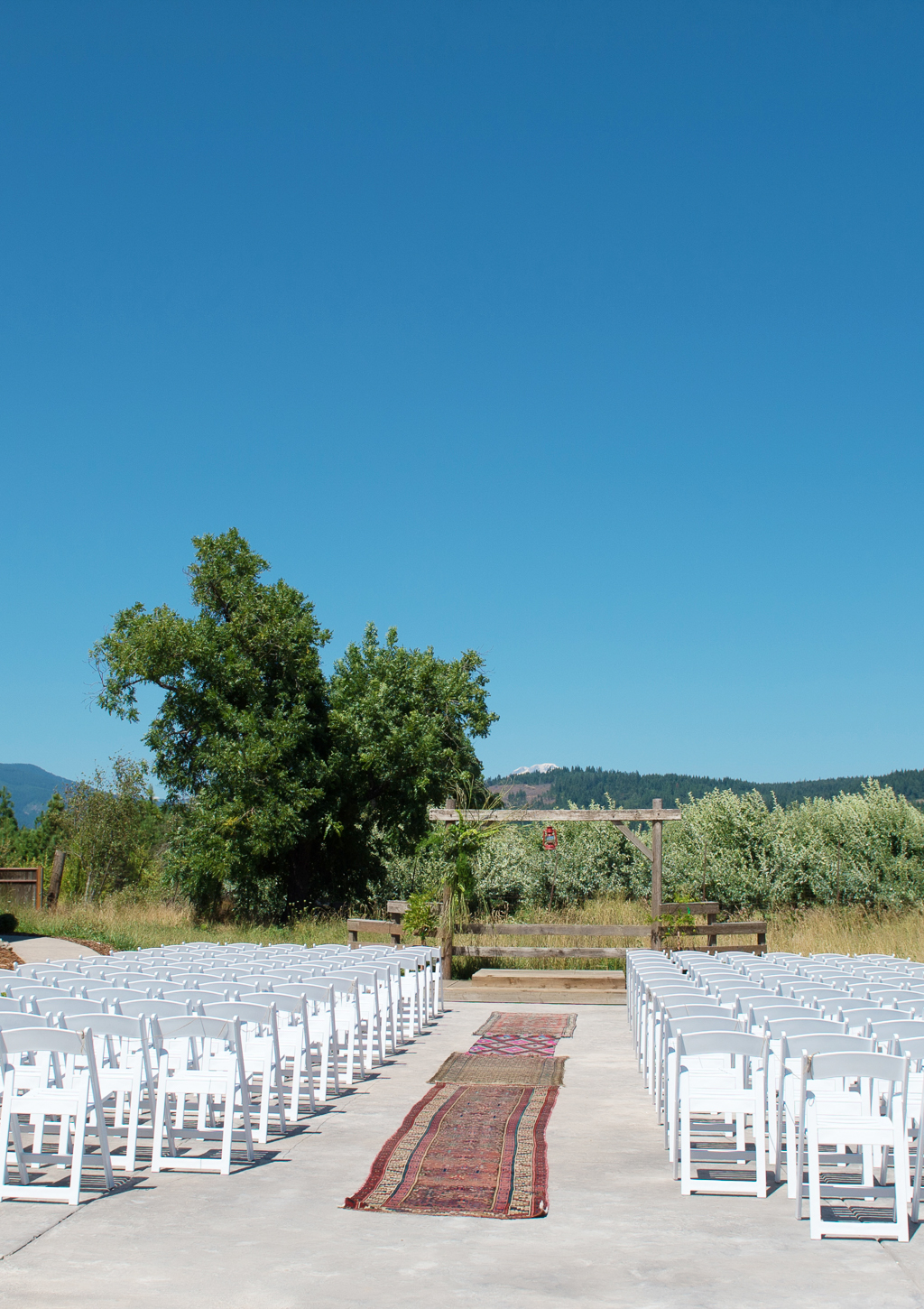 the ceremony area behind the tin roof barn with the aisle filled with antique rug runners