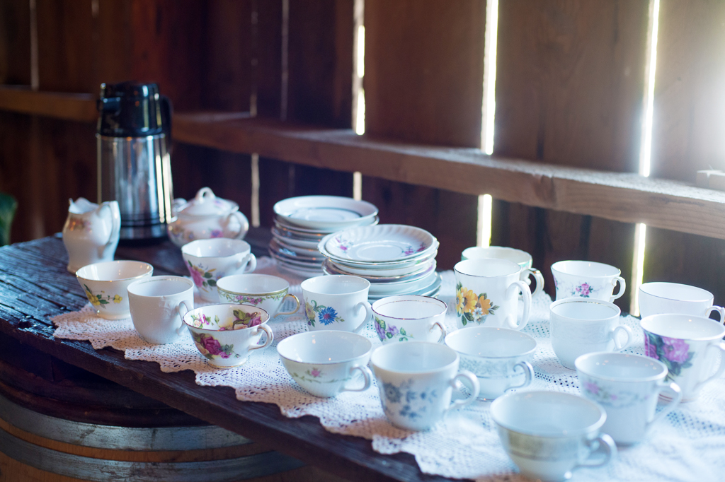 mismatched china fills a table