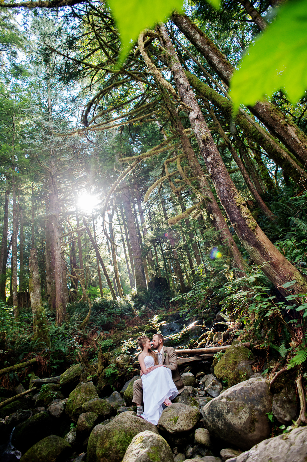 a bride and groom embrace and kiss in a magical mossy forest as the sunlight shines through