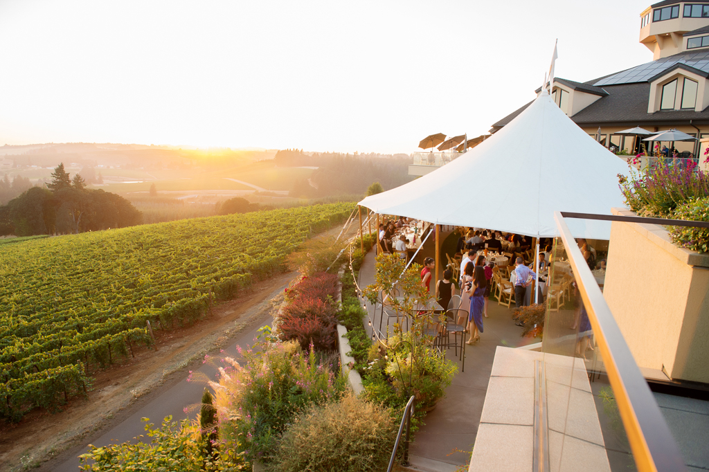 wedding tent at willamette valley vineyards at sunset
