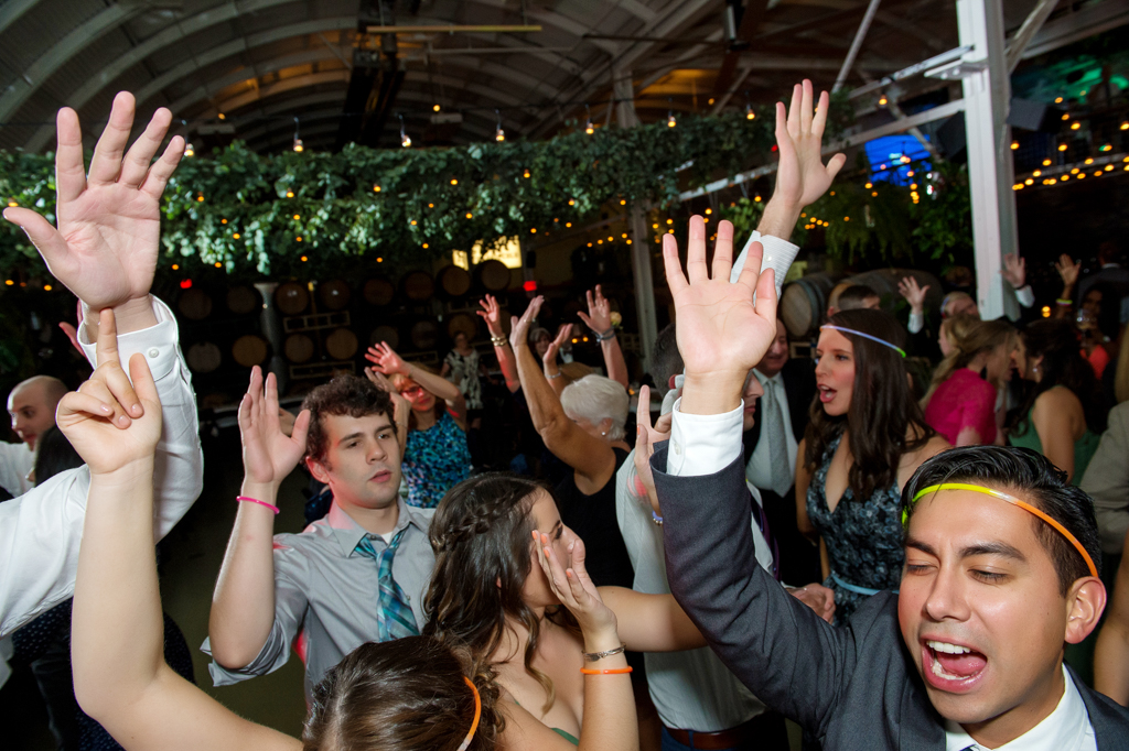 wedding guests throw their hands in the air during a wedding reception