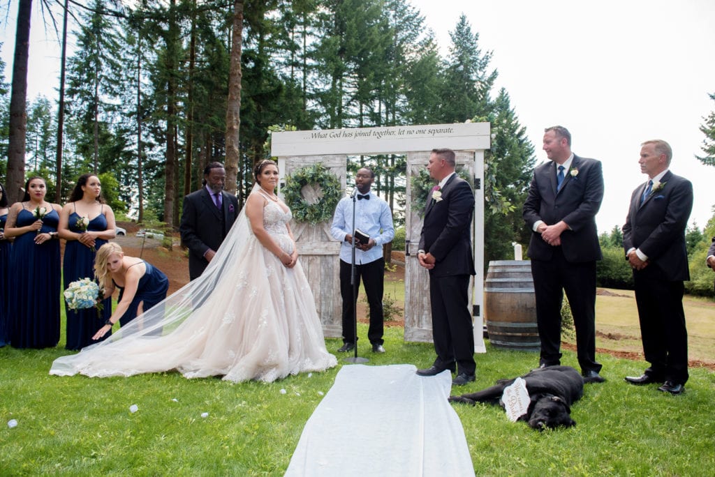 a cute black lab dog lays in the grass at the front of the ceremony, near the bride and groom with a sign around his neck that says "here comes the bride"